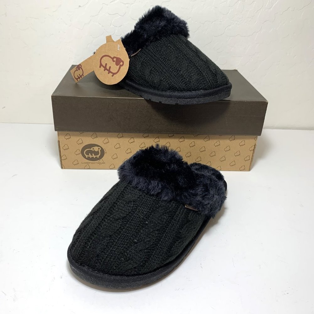 Lamo Cable Knit Slip On Slippers Faux Fur Fleece Fuzzy Mules Black Size US 7 NEW